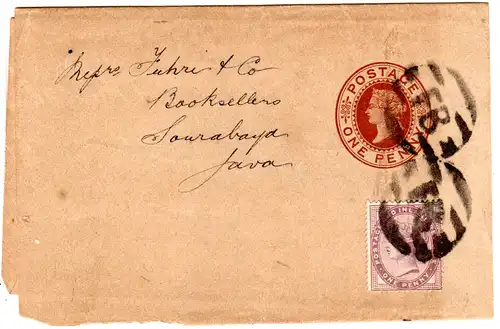 GB 1891, 1d auf 1d Streifband Ganzsache n. Soerabaya, Java, NL Indien