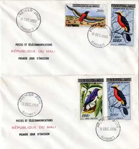 Mali 1960, 2 Briefe m. kpl. Vögel Überdruck-Ausgabe v. 4 Werten