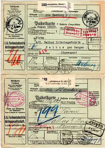 DR 1927, 2 Paketkarten m. Gebühr bezahlt Stempeln v. Ludwigshafen n. Norwegen