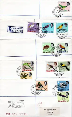 Gambia 1963, kpl. Vögel-Ausgabe m. 13 Werten auf 5 echt gelaufenen FDC Briefen