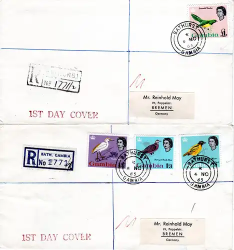 Gambia 1963, kpl. Vögel-Ausgabe m. 13 Werten auf 5 echt gelaufenen FDC Briefen