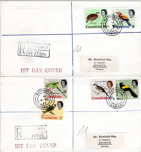 Gambia 1963, kpl. Vögel-Ausgabe m. 13 Werten auf 5 echt gelaufenen FDC Briefen