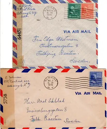 USA 1945, 2 späte (März/Mai) WW II Luftpost Zensur Briefe v. Albany n. Schweden