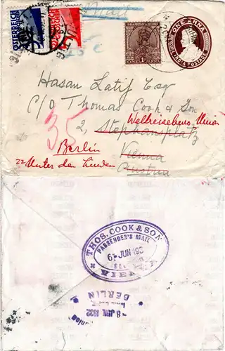 Indien 1932, 1 A. auf 1 A. Ganzsache Brief v. Kihim m. 2 Österreich Portomarken