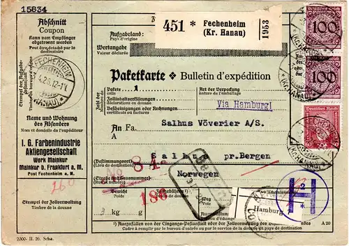 DR 1926, 60+2x100 Pf. auf Paketkarte v. Fechenheim via Hamburg n. Norwegen 