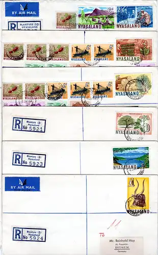 Nyasaland 1964, Fauna u. Landesmotive, kpl. Ausgabe auf 6 Briefen n. Bremen