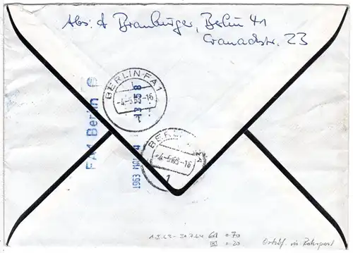 Berlin 1963, 20+70 Pf. auf Orts-Eilboten Brief, m. Rohrpost befördert