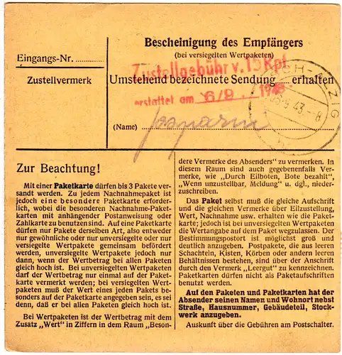 Luxemburg DR 1943, 50+60 Pf. auf Paketkarte v. Harlingen m. rs. Zustellgebühr-L2