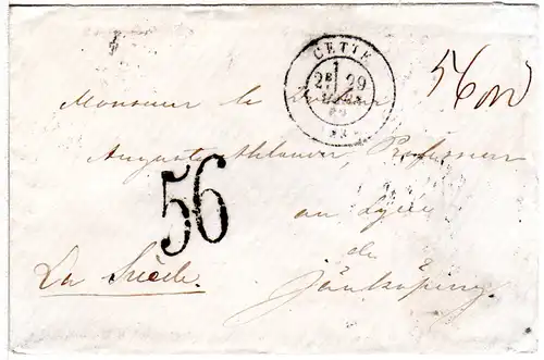 Frankreich 1869, Brief v. Cette m. Portostempel "56" (öre) n. Jönköping Schweden