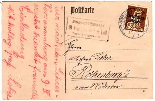 DR 1921, Bayern Posthilfstelle STEINSFELD Taxe Hartershofen auf Karte m. 40 Pf.