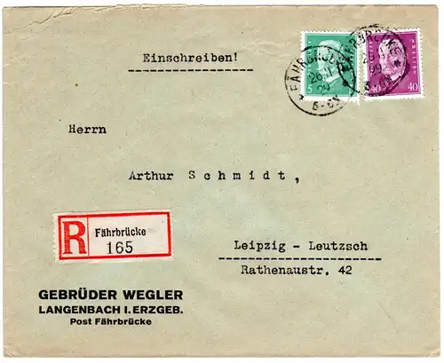 DR 1929, 5+40 Pf. auf Firmen Reko Brief m. kl. K1 FÄHRBRÜCKE