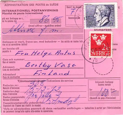 Schweden 1972, 2 Kr.+50 öre auf Internat. Postanweisung v. Järpälla n. Finnland