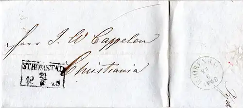 Dänemark 1848, K1 Kjobenhavn rs. u. vs. R3 Strömstad auf Porto Brief n. Norwegen