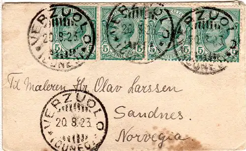 Italien 1923, MeF 4x5 C. auf Drucksache Brief v. Verzuolo n. Norwegen 