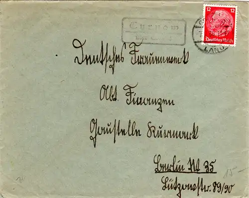 DR 1938, Landpost Stempel TURNOW über Cottbus auf NS Frauenschaft Brief m. 12 Pf