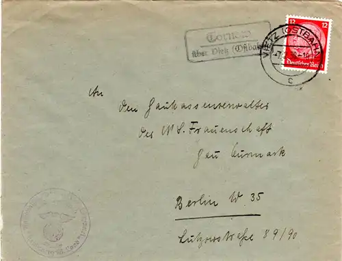 DR 1938, Landpost Stempel TORNOW über Vietz auf NS Frauenschaft Brief m. 12 Pf