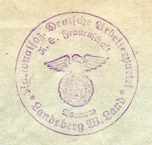 DR 1938, Landpost Stempel TORNOW über Vietz auf NS Frauenschaft Brief m. 12 Pf
