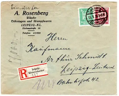 DR 1926, 5+30 Pf. auf Firmen Orts-Reko Brief v. Leipzig Kleinschocher n. Leutsch
