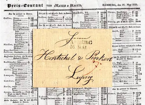 Hamburg 1818, gedruckte Preisliste m. u.a. intern. Geld-Wechselkursen n. Sachsen