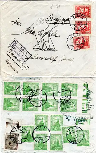 Polen 1926, 19 Marken vorder- u. rs. auf Einschreiben Brief v. Dzuryn i.d. CH