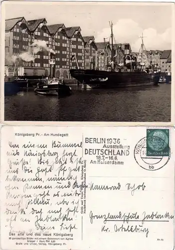 Königsberg, Am Hundegatt m. Dampfern Samland u. Hermann, 1936 gebr. sw-AK