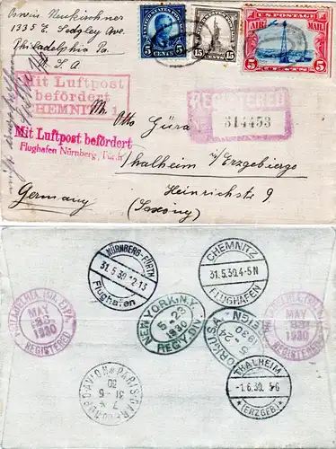 USA 1930, 3 Marken auf Luftpost Reko Brief n. Deutschland m. vielen Stempeln.