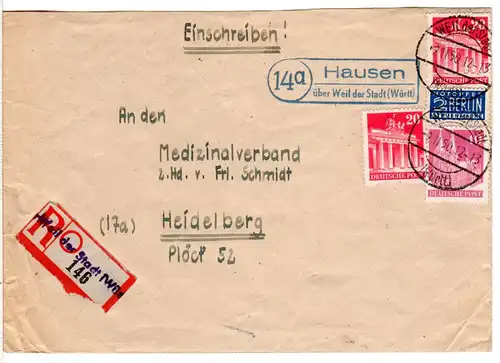 BRD 1950, Landpost Stpl. 14a HAUSEN über Weil der Stadt auf Einschreiben Brief!