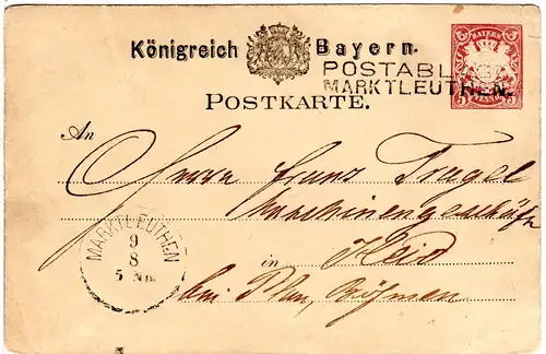 Bayern 1882, Postablage MARKTLEUTHEN klar auf 5 Pf. Ganzsache.
