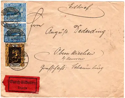 Saargebiet 1924, 5+Paar 50 C. auf portorichtigem Eilboten Brief v. Neunkirchen