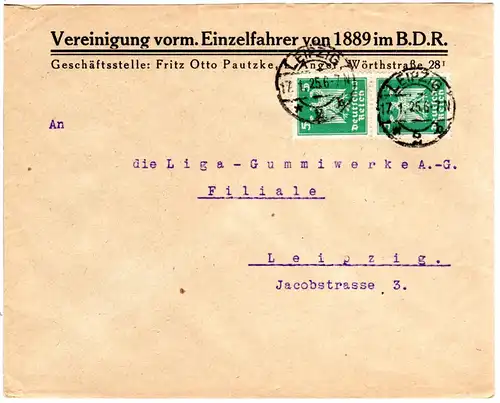 DR 1925, 2x5 Pf. auf Bund Deutscher Radfahrer Brief v. Leipzig
