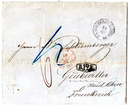 Sachsen 1860, K2 Reichenbach auf Brief n. Frankreich m. Baden Stpl. B.12.K.