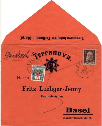 Bayern 1911, 3 Pf. auf Drucksache Brief m. Bahnpost NK-Wei u. Schweiz Portomarke