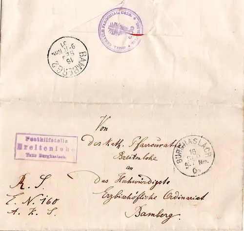 Bayern 1901, Posthilfstelle BREITENLOHE Taxe Burghaslach auf portofreiem Brief