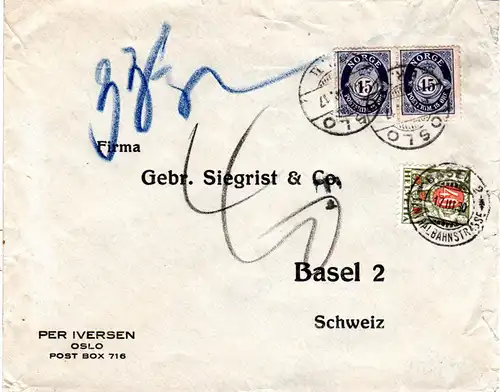 Norwegen 1930, Paar 15 öre auf Brief v. Oslo m. Schweiz 40 C. Portomarke
