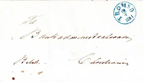 Norwegen 1854, blauer prefil-K1 TROMSÖ klar auf Franko Bankbrief n. Christiania