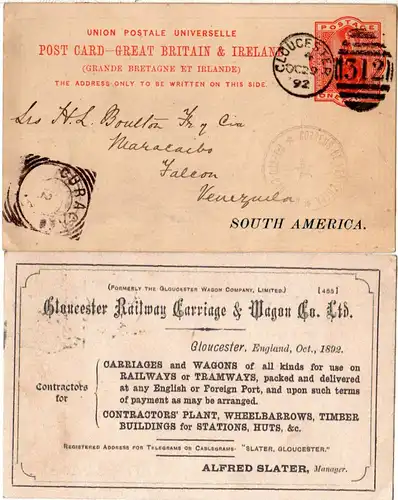 GB 1892, 1d Ganzsache v. Gloucester via Venezuela u. Curacao n. Maracaibo