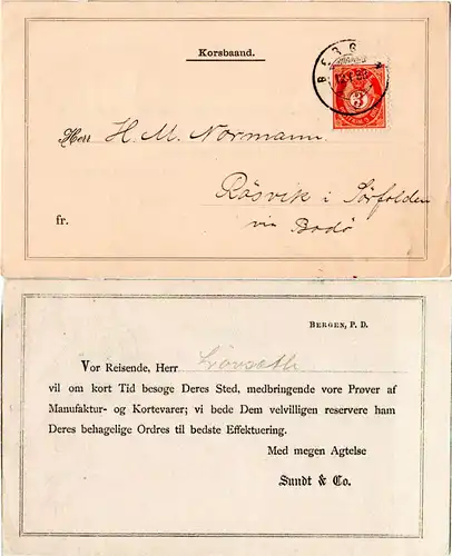 Norwegen 1888, 3 öre orange auf schöner Avis Drucksachenkarte v. Bergen 