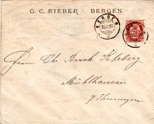 Norwegen 1883, 20 öre braun auf sauberem Firmen Brief v. Bergen n. Deutschland