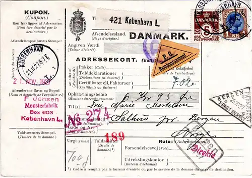 Dänemark 1927, 5 öre+1 Kr. auf Nachnahme Paketkarte v. Kopenhagen n. Norwegen