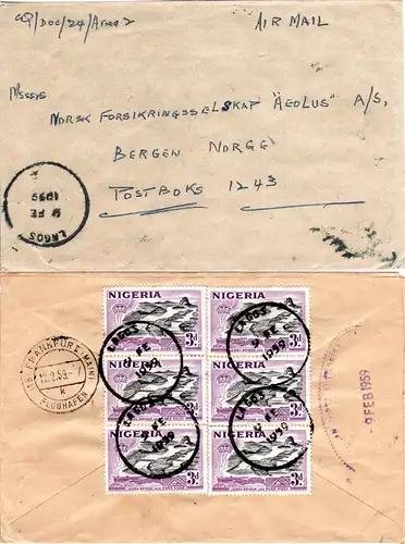Nigeria 1959, 6x3d Jebba Bridge m. Lokomotive rs. auf Luftpost Brief n. Norwegen
