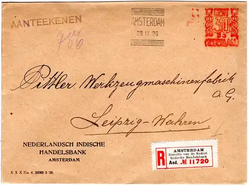 NL 1926, Amsterdam 30 C. Maschinen Freistpl. m. Äsculapstab auf Reko Bankbrief  