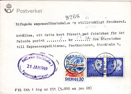Schweden 1969, 30+ Paar 45 öre auf Postformular betr. fehlendes Express Porto. 
