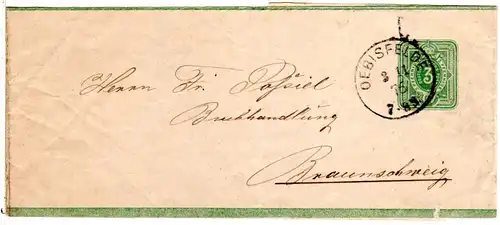 DR 1876, K1 OEBISFELDE klar auf 3 Pfge. Streifband n. Braunschweig.