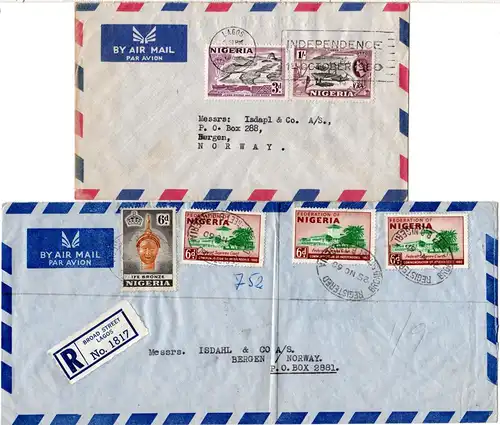 Nigeria 1960, 2 Luftpost Briefe m. versch. Frankaturen v. Lagos n. Norwegen 