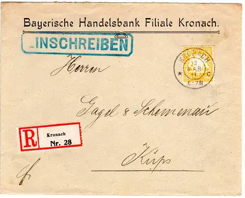 Bayern 1911, EF 40 Pf. auf Bank Einschreiben Brief v. Kronach n. Küps.