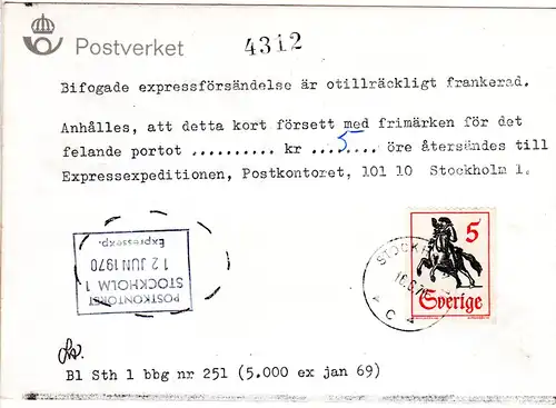 Schweden 1970, EF 5 öre auf Postformular betr. fehlendes Express Porto. 