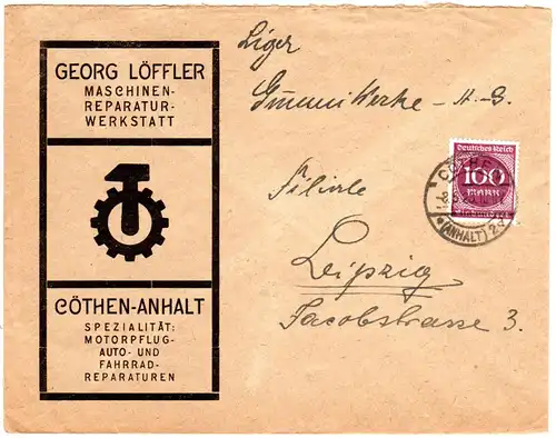 DR 1923, 100 Mk. auf illustriertem Brief v. Cöthen n. Leipzig
