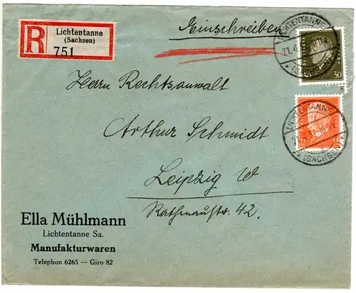 DR 1932, 12+30 Pf. auf Firmen Einschreiben Brief v. Lichtentanne n. Leipzig.