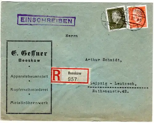 DR 1932, 12+30 Pf. auf Firmen Einschreiben Brief v. Beeskow n. Leipzig.