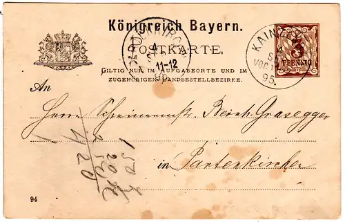 Bayern 1895, Postablage-K1 KAINZENBAD klar auf 3 Pf. Ganzsache.